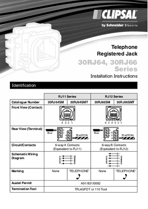 Installation Instructions - F794/04 - 30RJ64, 30RJ66 Series Telephone Registered Jack, 21095