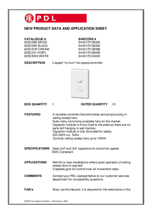Product Data Sheet - 625C3 Fan Speed Controller