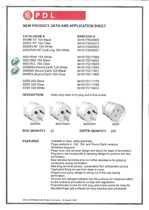 Product Data Sheet - 905 and 925R Heavy Duty Back Entry Plug and In-line Socket