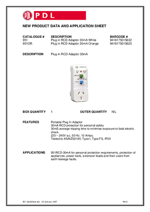 Product Data Sheet - 951 Plug-in RCD Adaptor 30mA