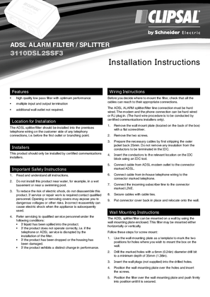 Installation Instructions - F2304 - 3110DSL2SSF3 ADSL Alarm Filter / Splitter, 22053