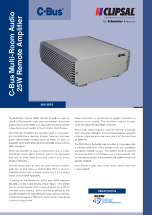 Product Data Sheet - 560125R/2 C-Bus Multi-Room Audio 25W Remote Amplifier, 22102A