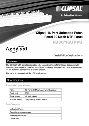 Installation Instructions - F2312/01 - RJ30/16UPPU Clipsal 16 Port Unloaded Patch Panel 30 Mech UTP Panel, 22322