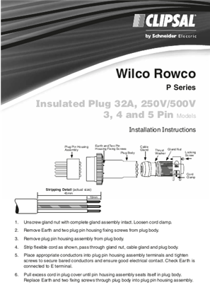 Installation Instructions - F313/04 - Wilco Rowco, Insulated Plug 32A, 250V/500V,3, 4 and 5 Pin Models, 23094