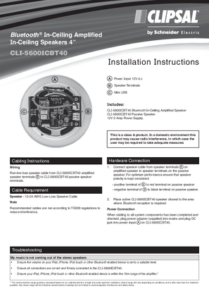 Installation Instructions - 5600ICBT40 Bluetooth In-Ceiling Amplified In-Ceiling Speakers 4 Inch, 117103
