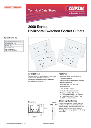 Product Data Sheet - 2000 Series Horizontal Switched Socket Outlets, 123603