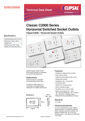 Product Data Sheet - Classic C2000 Series Horizontal Switched Socket Outlets, Clipsal C2000 – Horizontal Socket Outlets, 123603