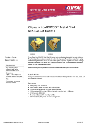 Product Data Sheet - Clipsal WilcoROWCO Metal Clad 63A Socket Outlets, 115317