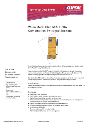 Product Data Sheet - Wilco Metal Clad 50A and 63A Combination Switched Sockets, 115317