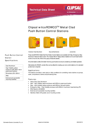 Product Data Sheet - Clipsal WilcoROWCOTM Metal Clad Push Button Control Stations, 115317