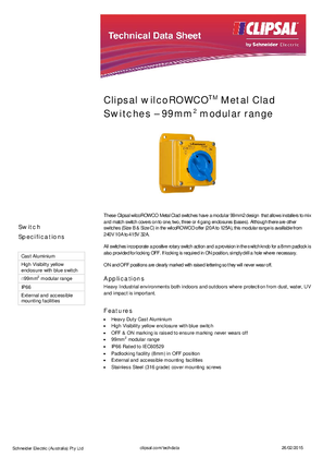 Product Data Sheet - Clipsal WilcoROWCO Metal Clad Switches – 99mm2 modular range, 115317