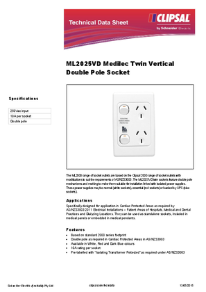 Product Data Sheet - ML2025VD Medilec Twin Vertical Double Pole Socket