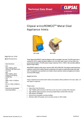 Product Data Sheet - Clipsal WilcoROWCO Metal Clad Appliance Inlets, 115317
