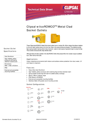 Product Data Sheet - Clipsal WilcoROWCO Metal Clad Socket Outlets, 115317