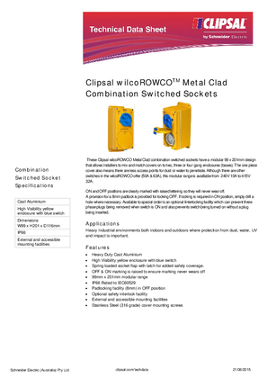 Product Data Sheet - Clipsal WilcoROWCO Metal Clad Combination Switched Sockets, 115317