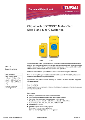 Product Data Sheet - Clipsal WilcoROWCO Metal Clad Size B and Size C Switches, 115317