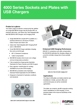Product Data Sheet - 4000 Series Sockets and Plates with USB Chargers, PMDS-4025USBC-1