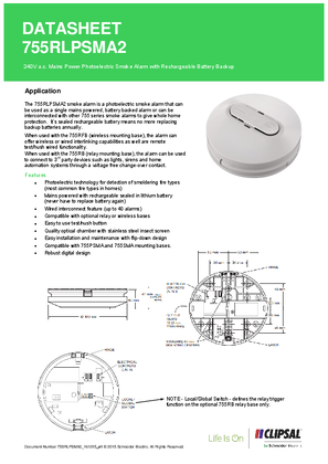 Product Data Sheet - 755RLPSMA2 Photoelectric Smoke Alarm, 755RLPSMA2_161215_v1