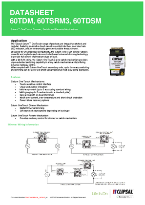 Product Data Sheet - 60TDM, 60TSRM3, 60TDSM Saturn OneTouch Dimmer, Switch and Remote Mechanisms