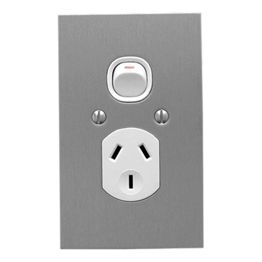 Single Switch Socket Outlet, 250V, 10A, B Style, Flat Plate, Vertical