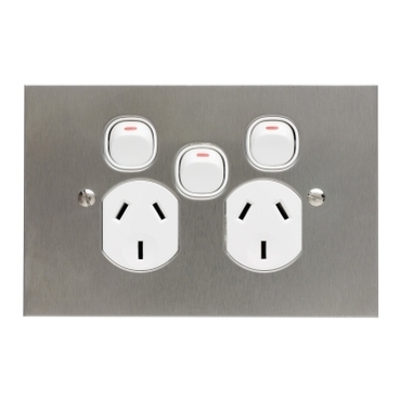 Metal Plate, Switched Socket, Double, 250V, 10A - With Extra Removable Switch