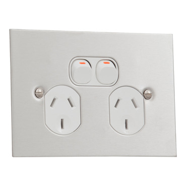 Metal Plate, Switched Socket, Double, 250V, 10A