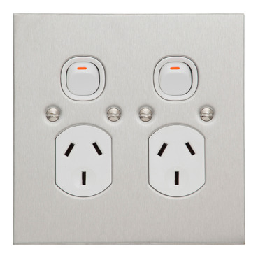 Metal Plate Series, Twin Switch Socket Outlet, 250V, 10A, B Style, Flat Plate, Vertical