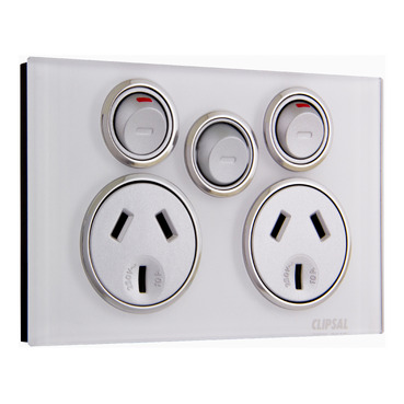 Clipsal Saturn 4000 Twin Switched Socket Outlet, 250V, 10A With Extra Switch