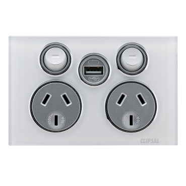 Saturn Series, Socket Outlet, Twin Switched, Assembled, Single USB Charger, Horizontal, 240V, 10A