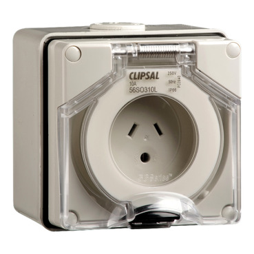 Clipsal - 56 Series, Surface Socket, IP66, 250V 10A - 2 Flat Pins And Round Earth