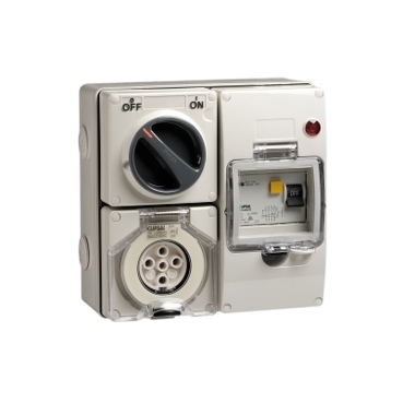 RCD Protected Switched Socket Outlet 500V 10A 5 Round PIN IP66, 3 Pole, 30mA RCD