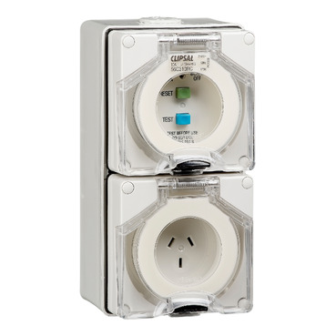 Clipsal - 56 Series, RCD Protected Switched Socket Outlet, 250V, 10A, 3 Flat PIN, IP66, 30mA