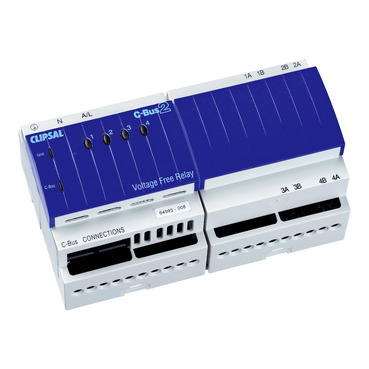 Clipsal C-Bus, Relay, DIN Rail Mounted, Voltage Free, 240V AC, 4 Channel, 10A, With C-Bus Power Supply