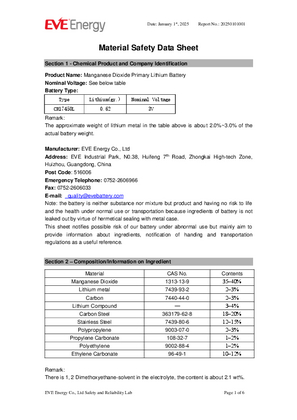 CR17450L EVE Energy Co, Ltd Manganese Dioxide Primary Lithium Battery Material Safety Data Sheet