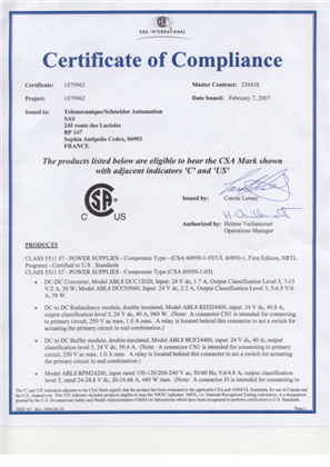 Modicon ABLP, ABL1, Certificate, CSA, Schneider Electric