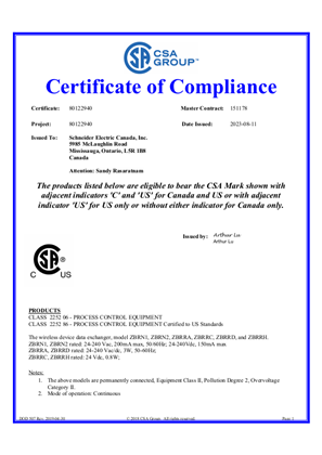 CSA-Certificate-wireless device data exchanger ZBRN1, ZBRN2, ZBRRA, ZBRRC, ZBRRD, and ZBRRH
