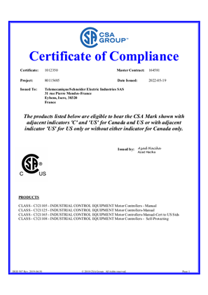 CSA Certificate_TeSys GV2ME&GV2RT&GV2P&GV2MC&GV2MP and GV2P Type E & GV2P combined with LC1D09-38 type F