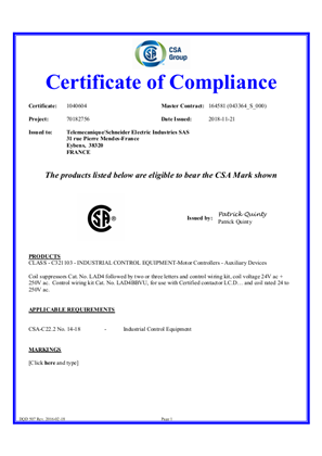 CSA Certificate_TeSys D_LAD4V,LAD4RC,LAD4T,LAD4BB