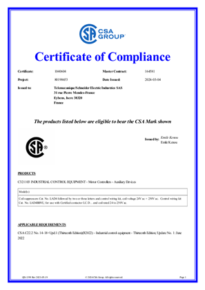 CSA Certificate_TeSys D_LAD4V,LAD4RC,LAD4T,LAD4BB