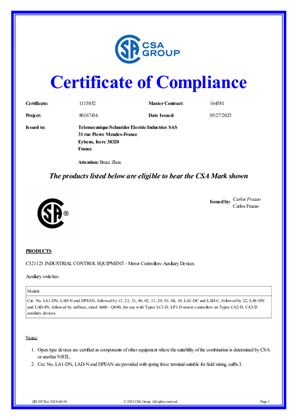CSA Certificate_ TeSys D_LA1DN,LADN,LA1DC,LADC,LA8DN,LAD8N