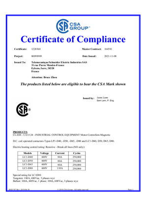 CSA Certificate_TeSys D_LC1D40-80 DC coils