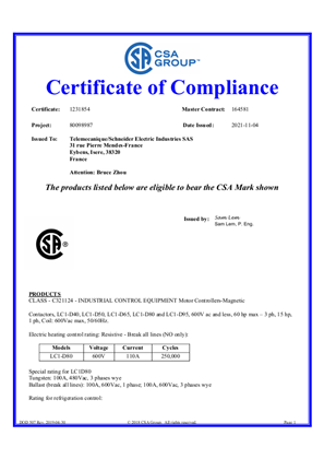 CSA Certificate_ TeSys D_LC1D40-95 AC Coils