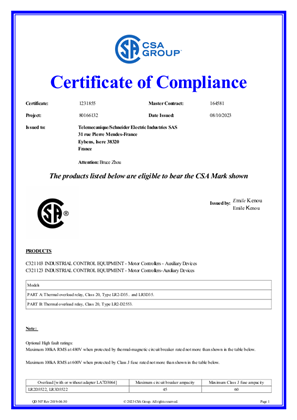 CSA Certificate_ TeSys D_LR2D35&LR3D35