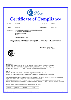 CSA Certificate_ TeSys D_LC1D115-150&LC2D115-150