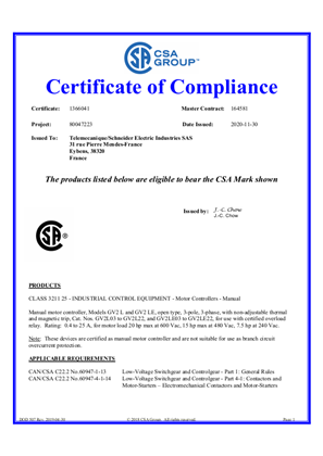 CSA Certificate_ TeSys GV2L&GV2LE