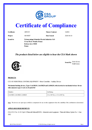 CSA Certificate_ TeSys D_LA6DK,LAD6K