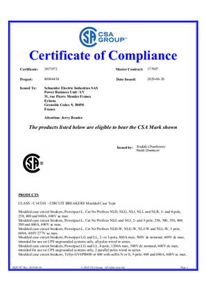 500 Vdc Thermal-magnetic Circuit Breakers, Certificate, CSA