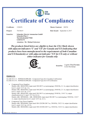 Phaseo, ABL1, ABL7, ABL8, Certificate, CSA, Ordinary Location