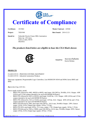 Modicon M580 M340 X80, Certificate, CSA, Ordinary Location