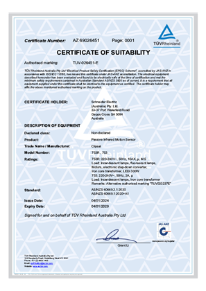 Clipsal, 753 motion sensor, Certificate, TUV Pty Ltd